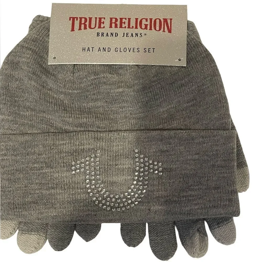 True Religion Gray Knit Beanie and matching gloves